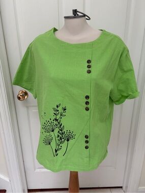 Women’s Short-Sleeve Lime Green Top with Black Floral Print